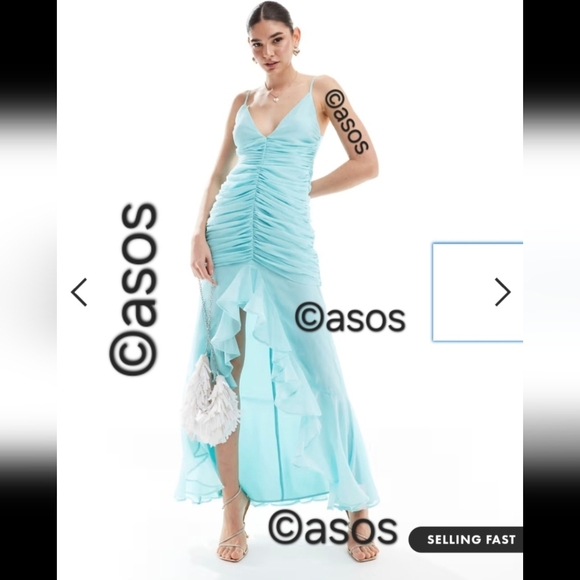 ASOS | Ruched Front High Low Frill Maxi Prom Dress in Aqua sz 2 - Picture 2 of 10